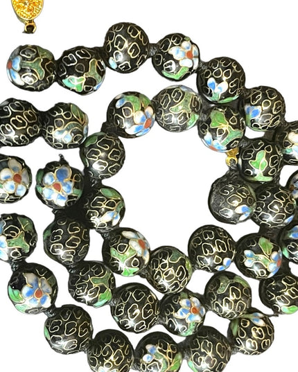 Vintage Black with blue flowers Enameled cloissone bead necklace chinese export