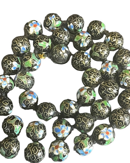 Vintage Black with blue flowers Enameled cloissone bead necklace chinese export