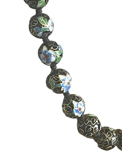Vintage Black with blue flowers Enameled cloissone bead necklace chinese export
