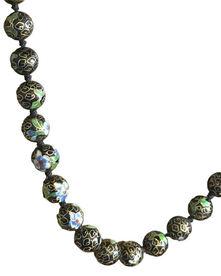 Vintage Black with blue flowers Enameled cloissone bead necklace chinese export