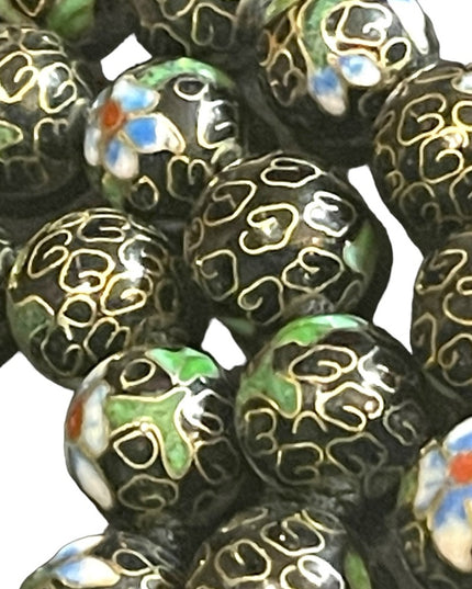 Vintage Black with blue flowers Enameled cloissone bead necklace chinese export