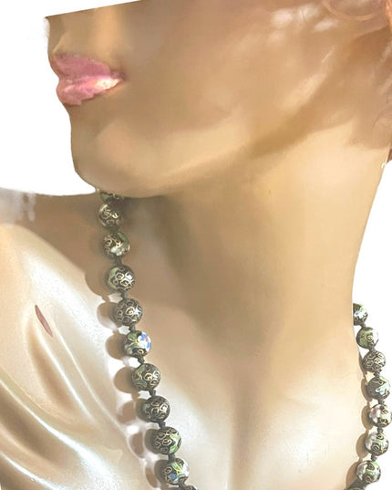 Vintage Black with blue flowers Enameled cloissone bead necklace chinese export