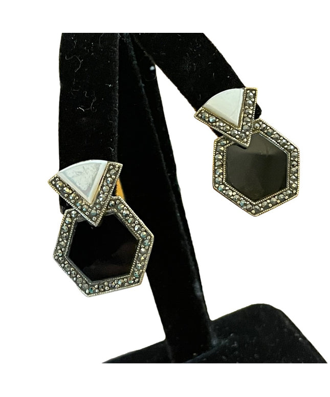 Vintage Black onyx MOP Sterling silver 925 MG marcasite earrings
