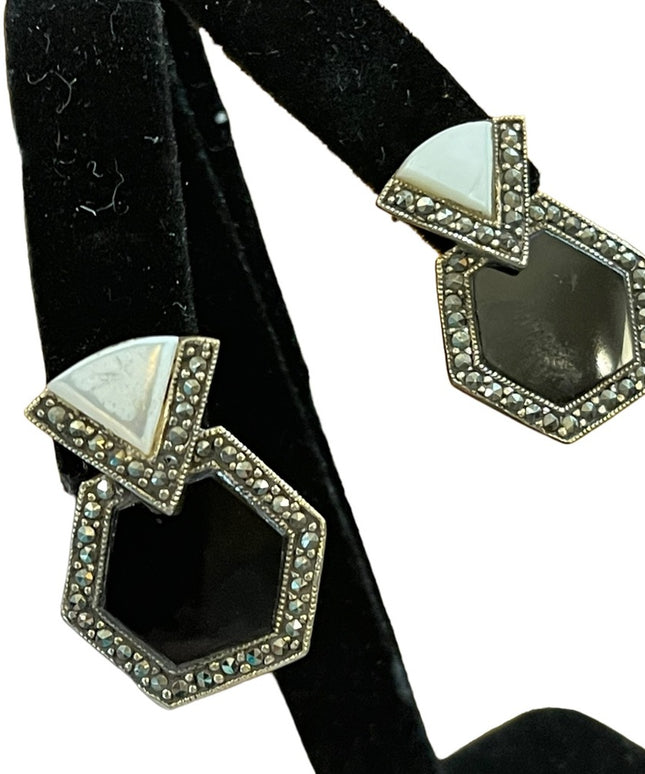 Vintage Black onyx MOP Sterling silver 925 MG marcasite earrings