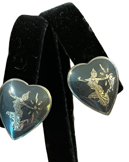 Vintage Siam Sterling silver goddess heart earrings screw back