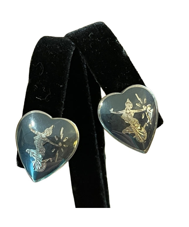 Vintage Siam Sterling silver goddess heart earrings screw back