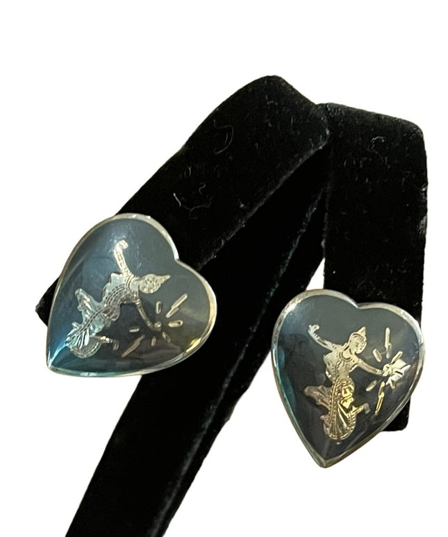 Vintage Siam Sterling silver goddess heart earrings screw back