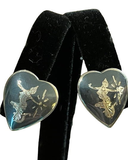 Vintage Siam Sterling silver goddess heart earrings screw back