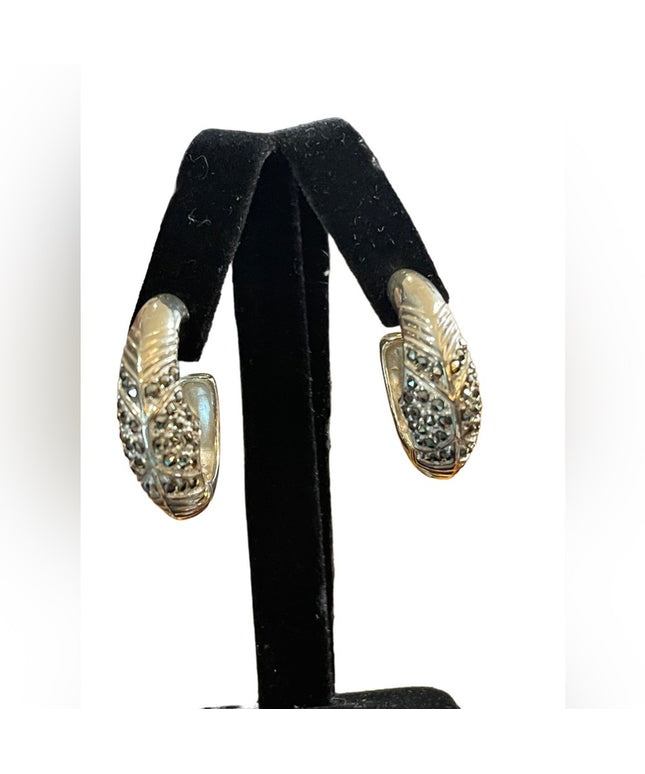 Solid 925 Sterling silver marcasite hoop earrings