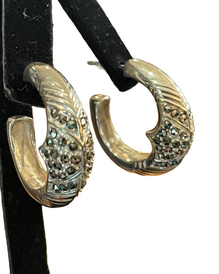 Solid 925 Sterling silver marcasite hoop earrings