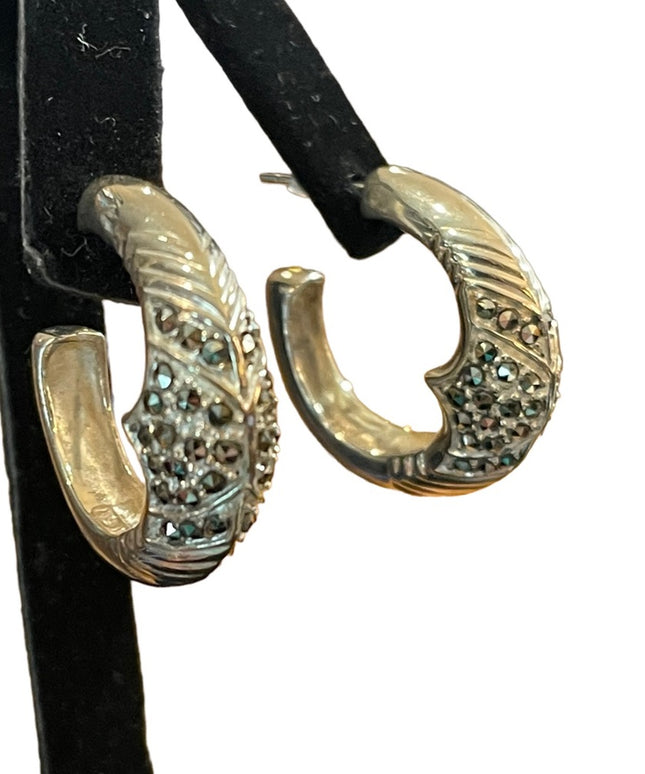 Solid 925 Sterling silver marcasite hoop earrings