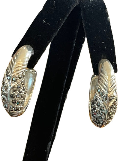 Solid 925 Sterling silver marcasite hoop earrings