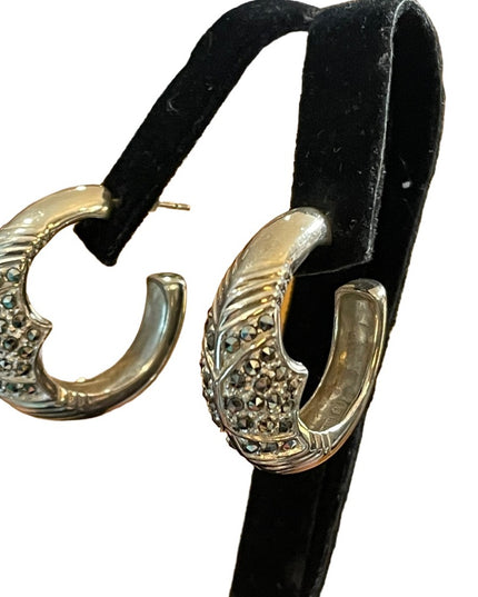 Solid 925 Sterling silver marcasite hoop earrings