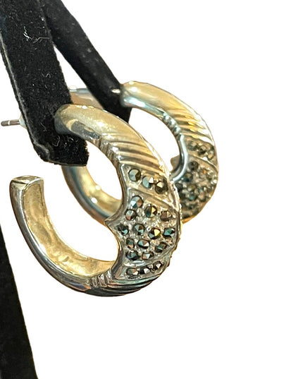 Solid 925 Sterling silver marcasite hoop earrings