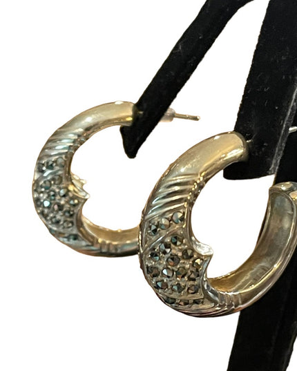 Solid 925 Sterling silver marcasite hoop earrings