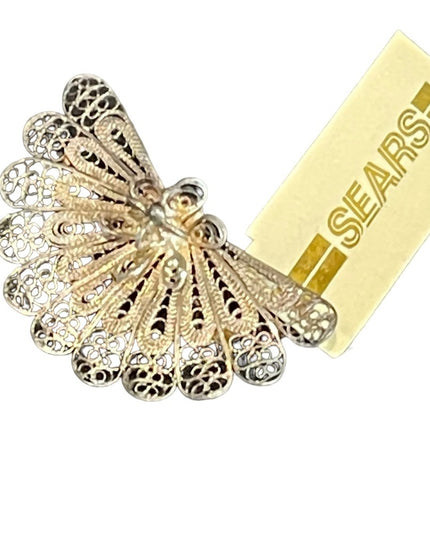 Vintage sterling silver 925 filagree fan brooch