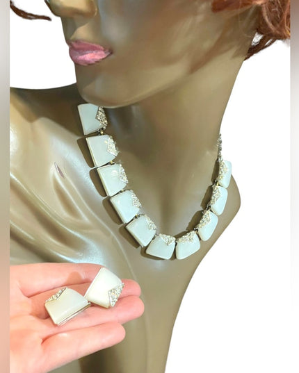 Vintage Charel White rhinestone silver finish thermoset Necklace earrings set