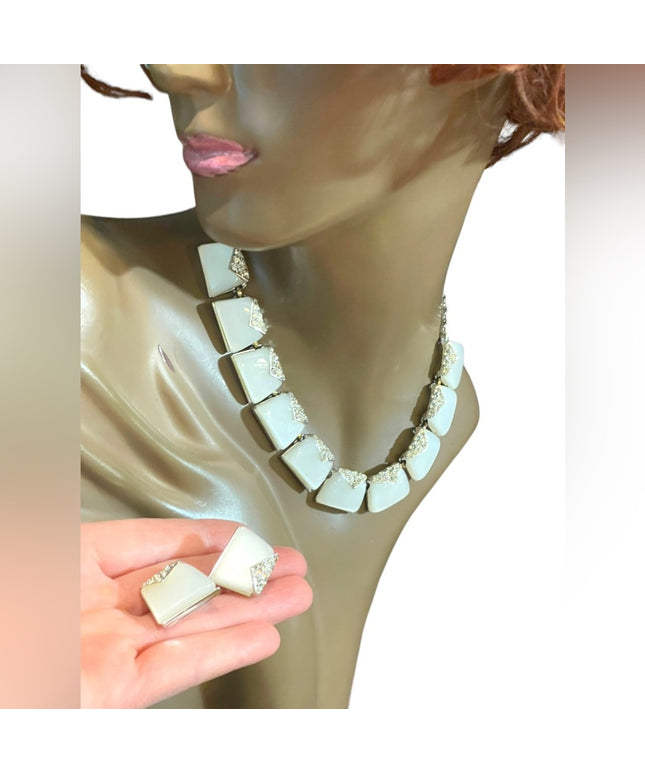Vintage Charel White rhinestone silver finish thermoset Necklace earrings set