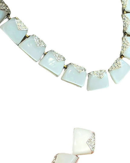 Vintage Charel White rhinestone silver finish thermoset Necklace earrings set