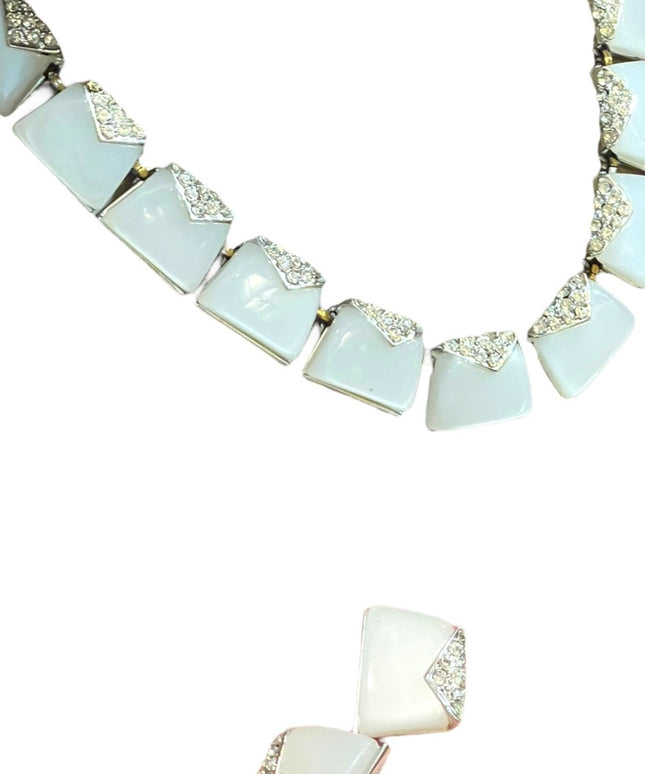Vintage Charel White rhinestone silver finish thermoset Necklace earrings set