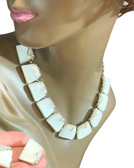 Vintage Charel White rhinestone silver finish thermoset Necklace earrings set