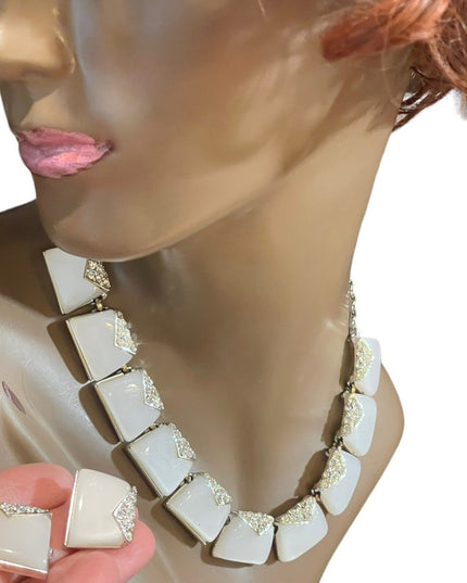 Vintage Charel White rhinestone silver finish thermoset Necklace earrings set