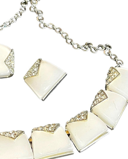 Vintage Charel White rhinestone silver finish thermoset Necklace earrings set