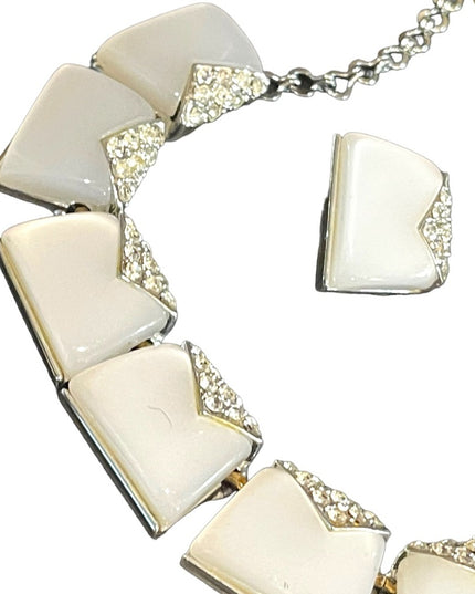 Vintage Charel White rhinestone silver finish thermoset Necklace earrings set
