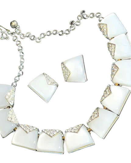 Vintage Charel White rhinestone silver finish thermoset Necklace earrings set