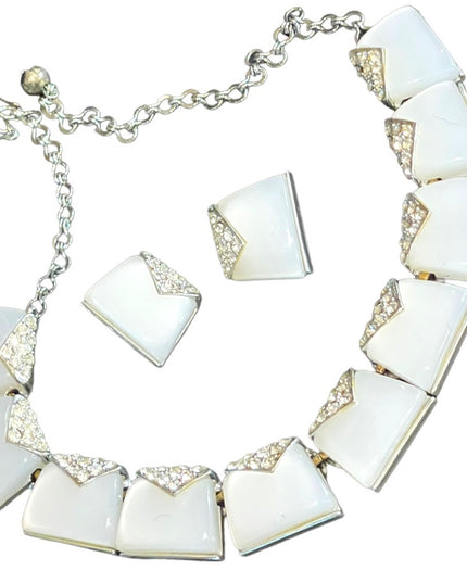 Vintage Charel White rhinestone silver finish thermoset Necklace earrings set