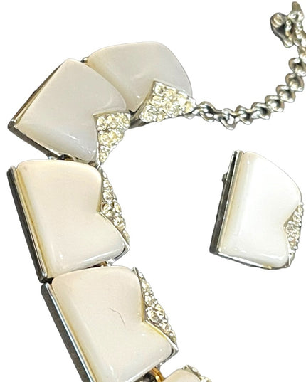 Vintage Charel White rhinestone silver finish thermoset Necklace earrings set