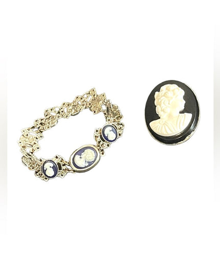 Vintage resin Cameo pairing brooch & bracelet silver finish