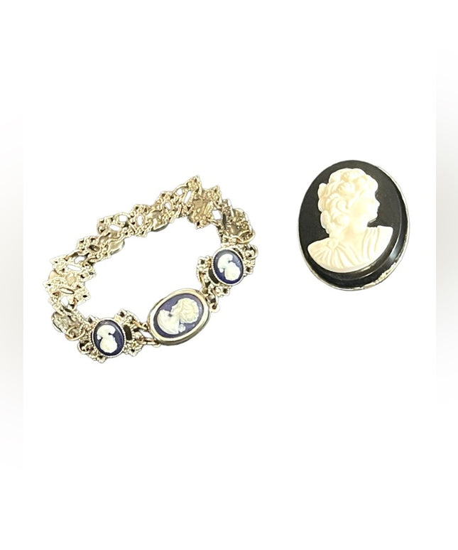 Vintage resin Cameo pairing brooch & bracelet silver finish
