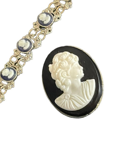 Vintage resin Cameo pairing brooch & bracelet silver finish