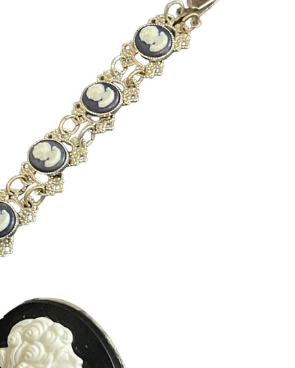 Vintage resin Cameo pairing brooch & bracelet silver finish
