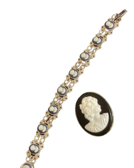 Vintage resin Cameo pairing brooch & bracelet silver finish