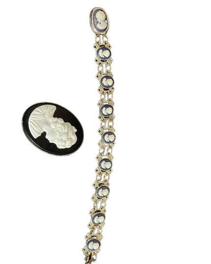 Vintage resin Cameo pairing brooch & bracelet silver finish
