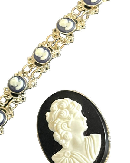 Vintage resin Cameo pairing brooch & bracelet silver finish