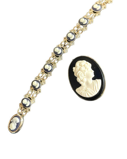 Vintage resin Cameo pairing brooch & bracelet silver finish