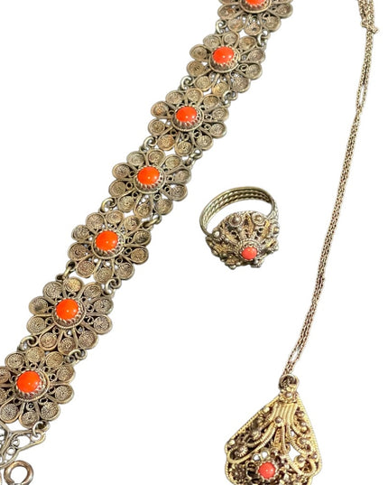 Antique 835 Silver Filagree coral set Demi-parure bracelet ring necklace