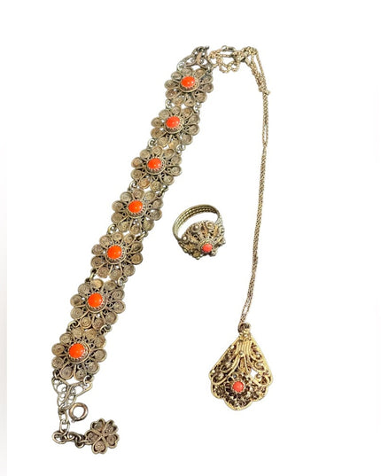 Antique 835 Silver Filagree coral set Demi-parure bracelet ring necklace