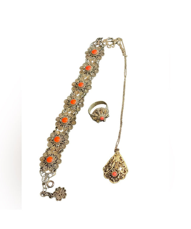 Antique 835 Silver Filagree coral set Demi-parure bracelet ring necklace