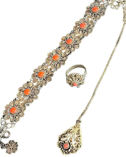 Antique 835 Silver Filagree coral set Demi-parure bracelet ring necklace
