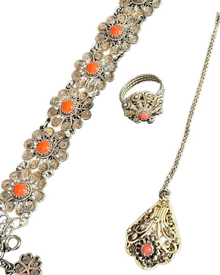 Antique 835 Silver Filagree coral set Demi-parure bracelet ring necklace