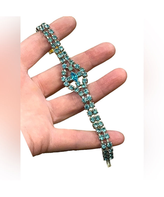 Vintage topaz blue crystal fancy bracelet 1960s silver finish