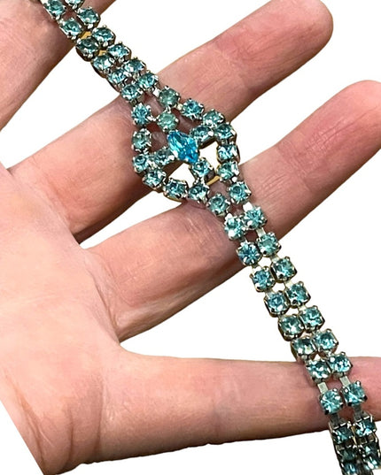 Vintage topaz blue crystal fancy bracelet 1960s silver finish