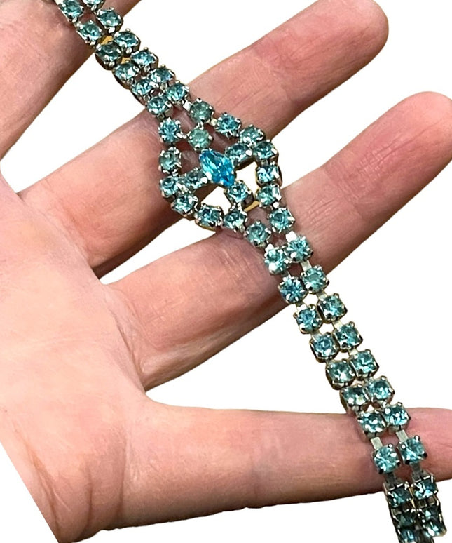Vintage topaz blue crystal fancy bracelet 1960s silver finish