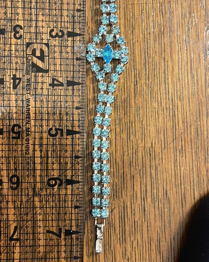 Vintage topaz blue crystal fancy bracelet 1960s silver finish