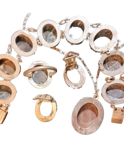 Victorian Antique Abalone Cameo SET 800 silver Bracelet ring necklace earrings