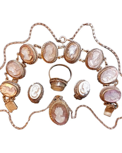 Victorian Antique Abalone Cameo SET 800 silver Bracelet ring necklace earrings